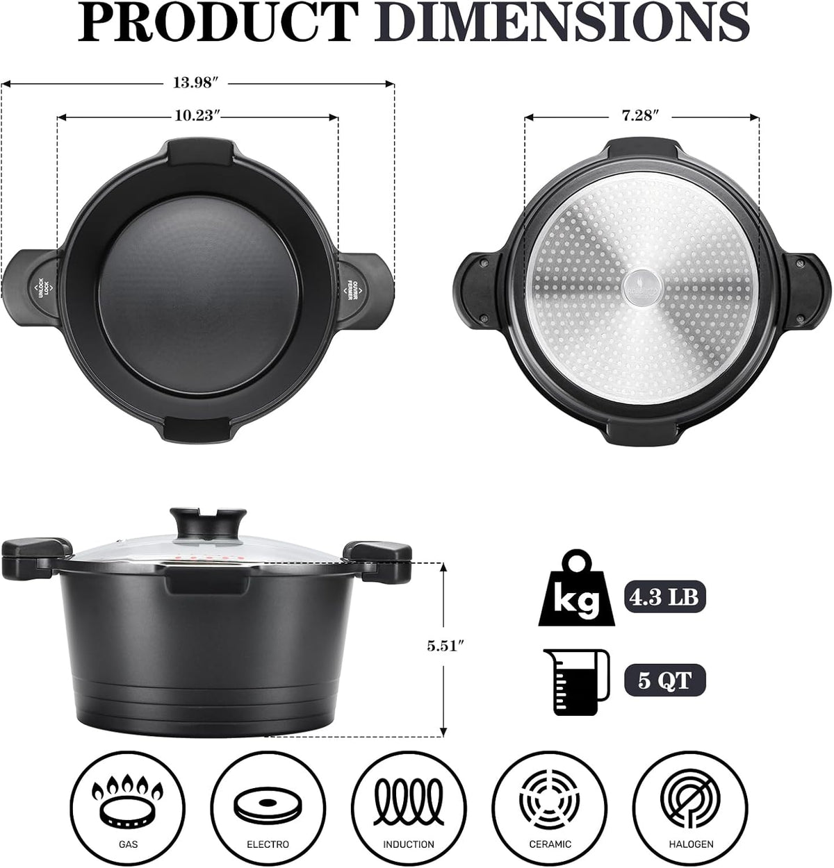 ACTIV CUISINE 5qt Pasta Pot with Strainer Lid, Cast Aluminum Stockpot Multipot, Nonstick Ceramic Coating make Cleanup easy with Tempered Glass Lid, Dishwasher Safe, Induction, Black
