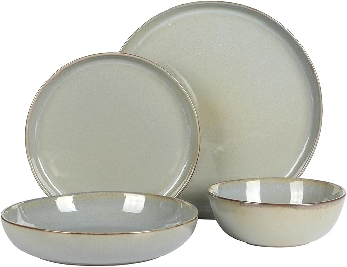Gibson Elite Berea 16 Piece (Service for 4) Plates and Bowls Reactive Glaze Round Dishes Stoneware Ceramic Dinnerware Set -Green