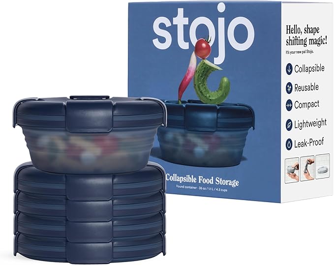 STOJO Collapsible Bowl 5 Set - Translucent Denim, 36oz - Reusable Silicone Bowl for Hot and Cold Food - Perfect for Travel, Meal Prep, To-Go Lunch, Camping & Hiking - Microwave & Dishwasher Safe