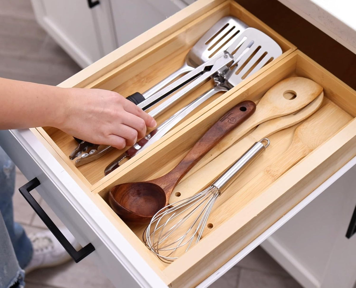 Fabsome Kitchen Utensil Drawer Organizer, Bamboo Silverware Cutlery Flatware Organizer Bins, Wooden Container Storage Trays for Bathroom Vanity Junk Drawer, 15" x 6" Set of 2