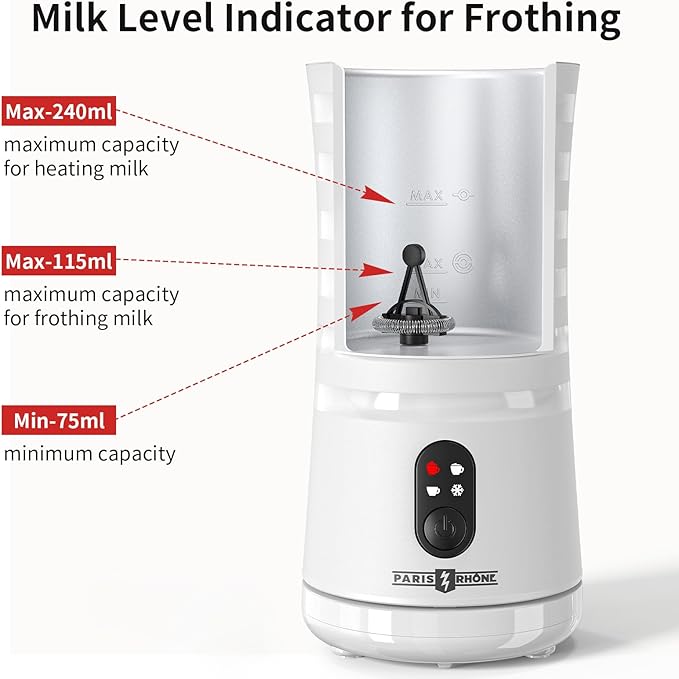 Milk Frother, Paris Rhône 4-in-1 Milk Steamer and Frother, Hot & Cold Foam Milk Warmer with Temperature Control, Auto Shut-Off Frothers for Coffee, Latte, Cappuccino, Macchiato