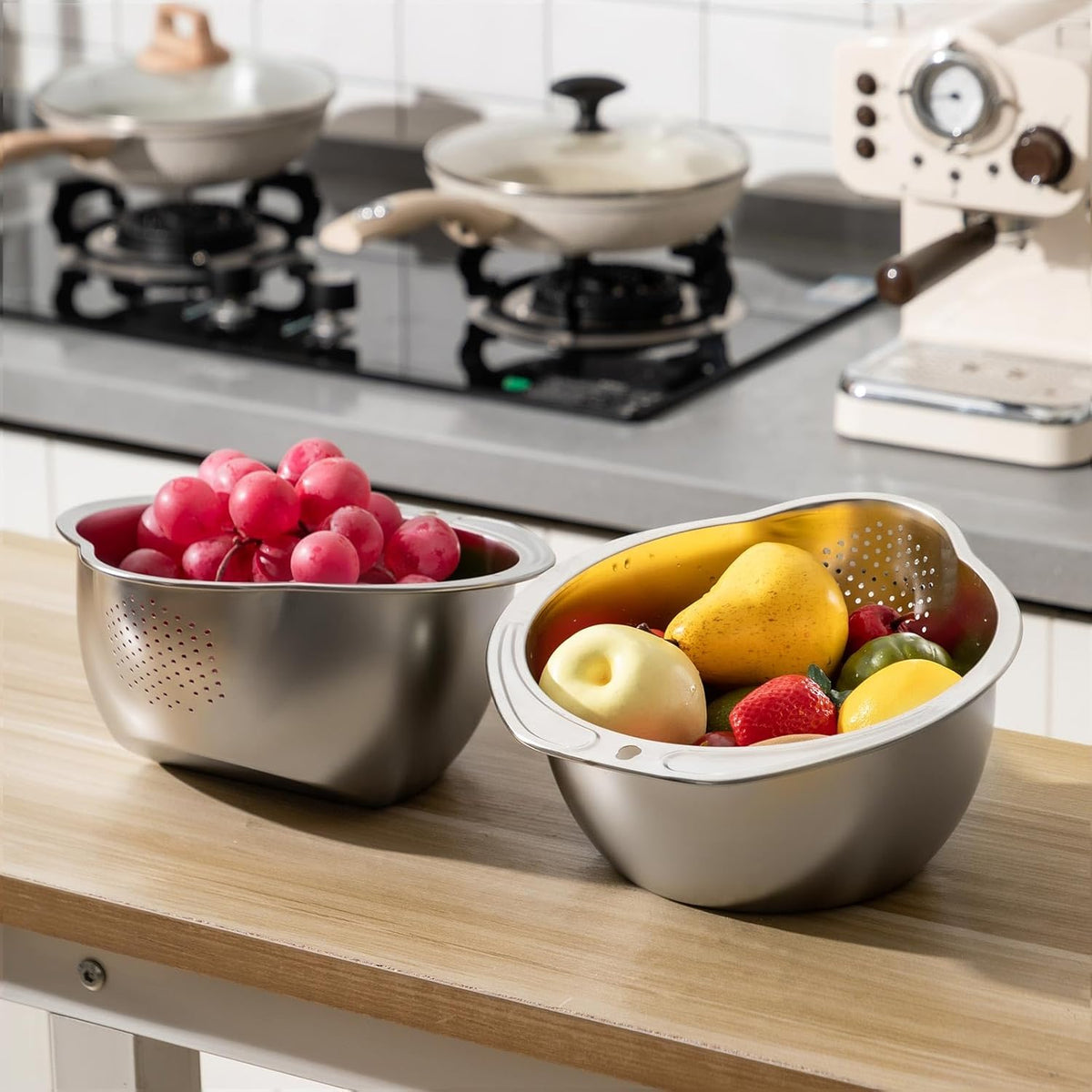 2 Pcs Rice Washer Strainer Bowl 4-in-1 Washing Bowl for Quinoa, Stainless Steel Rinser with Side Drainers Small Colander for Cleaning Fruits, Vegetables, and Beans - Versatile Kitchen Tool