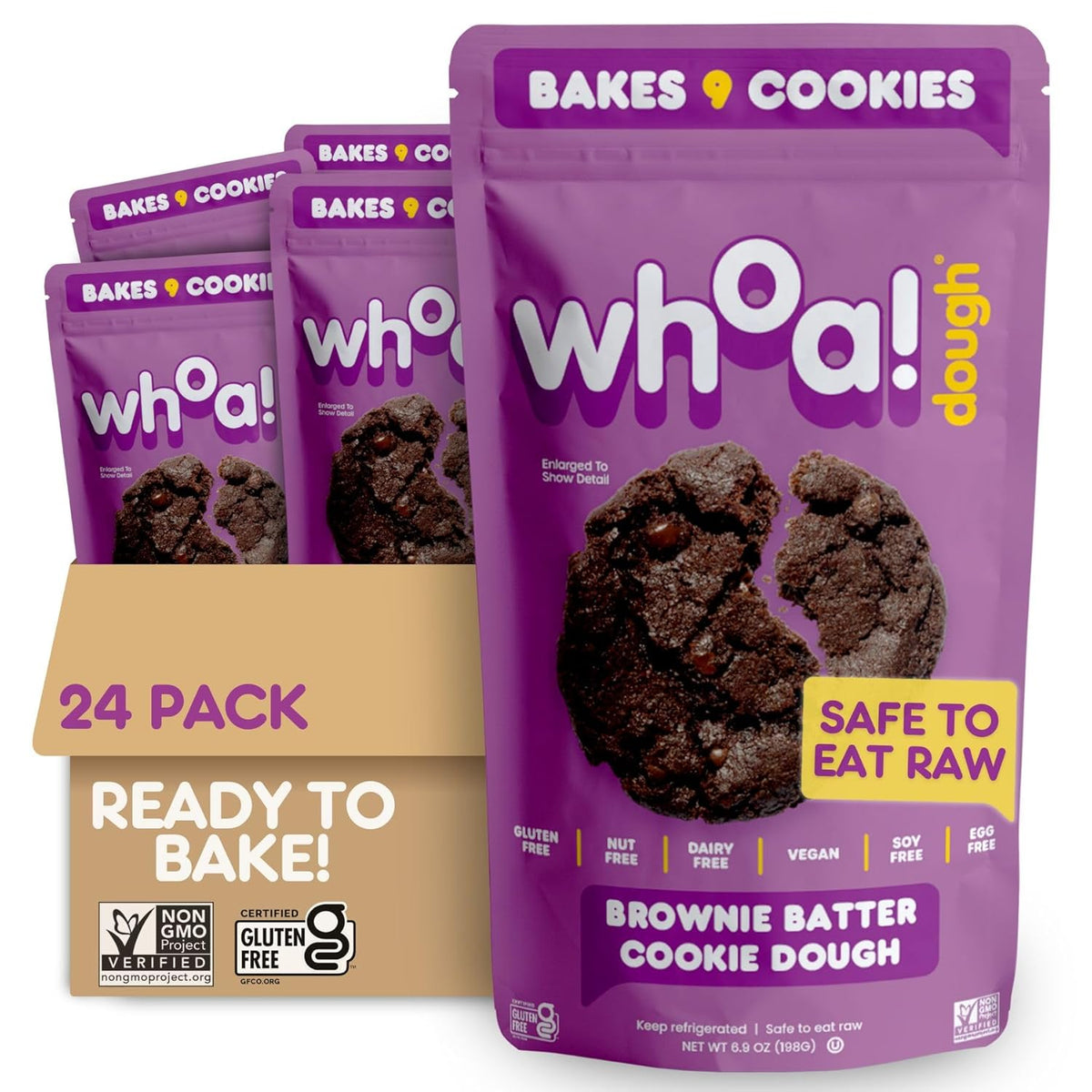 Whoa Dough Ready to Bake Cookie Dough Brownie Batter – Certified Non-GMO, Kosher, Gluten Free – Plant-Based Snack Dough Made with Real Ingredients – 24 Pack