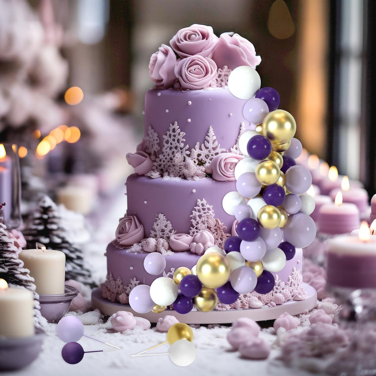48 Pcs Balls Cake Topper Decorations Balloon Cupcake Toppers Foam Cake Topper Balls Cake Balls Decorations for Birthday Party Wedding Cake Decorating (Purple, Light Purple, White, Gold)