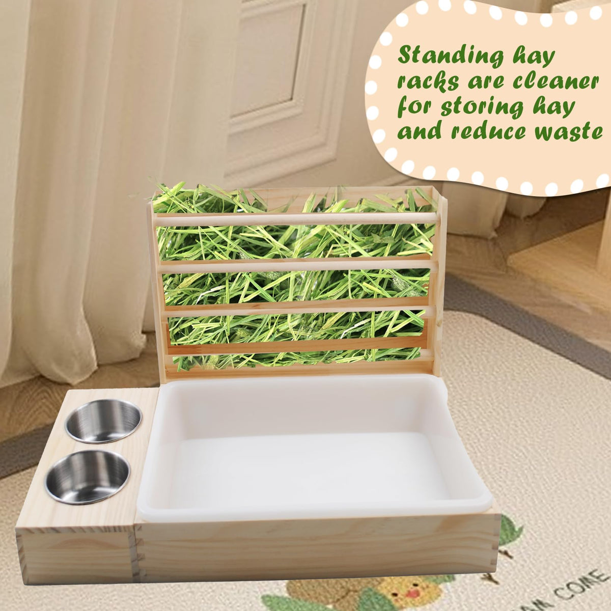 MUYG Rabbit Hay Feeder with Litter Box, 3 in 1 Wooden Bunny Feeder, Small Animal Hay Holder Rack for Rabbit, Guinea Pig, Hamster, Ferrets