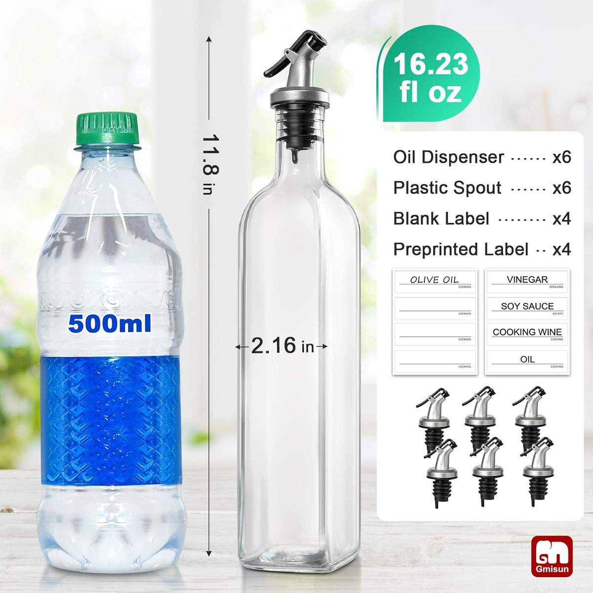 GMISUN Olive Oil Dispenser Bottle, Oil Dispenser Bottle for Kitchen, Cooking Vinegar Dispenser Set 6Pack, Glass Container Cruet-Pourer Spout, Funnel and Labels