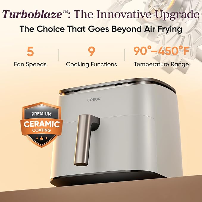 Cosori 9-in-1 TurboBlaze Air Fryer 6 Qt, Premium Ceramic Coating, 90°–450°F, Precise Heating for Even Results, Air Fry, Roast, Bake, Broil, Dry, Frozen, Proof, Reheat, Keep Warm, 120V, Light Gray