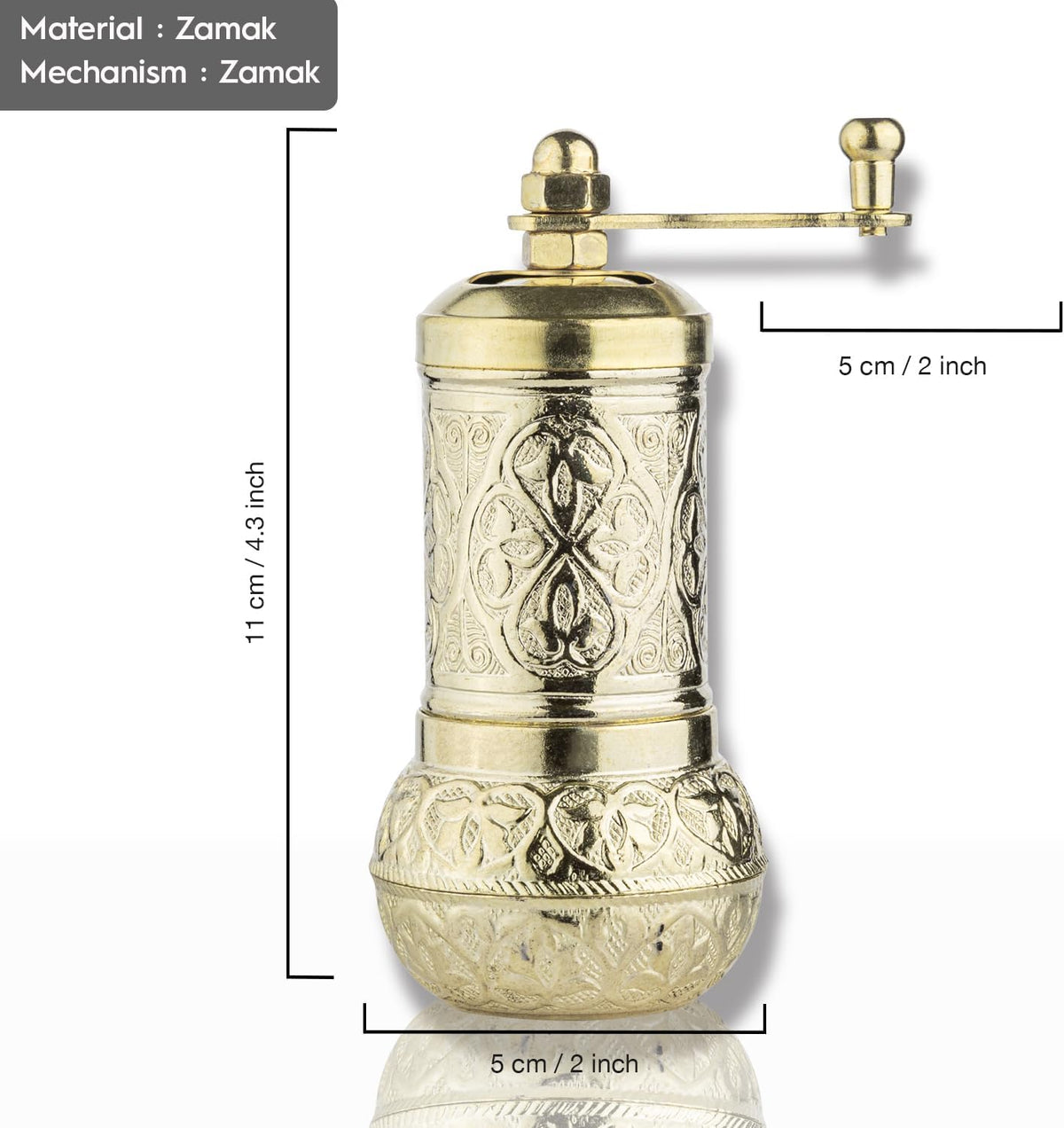 Handmade Decorative Black Pepper Grinder, Refillable Turkish Spice Mill Manual Pepper Mill with Handle, Spice Grinder Metal with Hand Crank 11 cm-4.3 inch