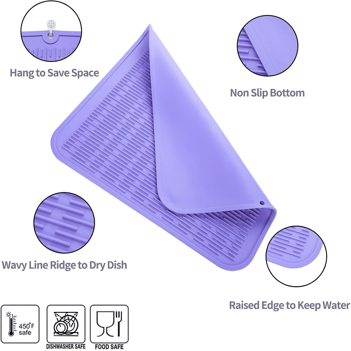 Silicone Dish Drying Mat for Multiple Usage,Easy clean,Eco-friendly,Heat-resistant Silicone Mat for Kitchen Counter or Sink,Refrigerator or Drawer Liner Light Purple XL 18 inches x 16 inches