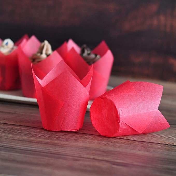 Red colour Large size Tulip Baking Cups 2-1/4"(Base diameter) x 4"(Wall height) Greaseproof paper baking cupcake Muffin liners, Case of 130 pcs