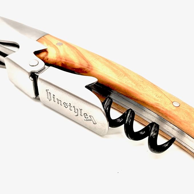 Olive Wood Wine Opener With Two Step Cork Pull Lever, Five Spiral Teflon Coated Worm and Serrated Knife, Beautiful Wood Grain and Quality Construction. The Superior Waiter's Corkscrew.