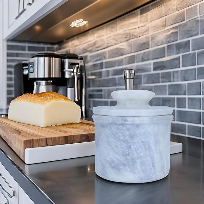 White Marble Butter Keeper with Lid | Soft Spreadable French Butter Crock for Countertop | Home and Kitchen Decor | Large (3 oz Capacity)