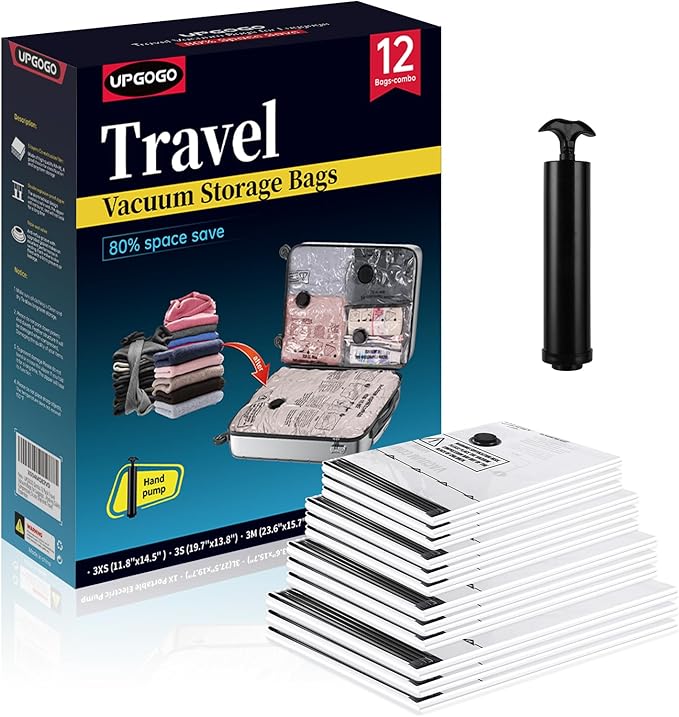 Travel Vacuum Bags for Luggage with Hand Pump,Vacuum Seal Bags for Clothing,Packing Cubes Compression,Cruise Ship and Travel Essentials(Combo 12 Pack)