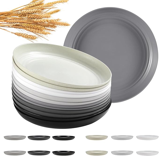 12 Pcs Unbreakable Deep Dinner Plates Set, 10 inch Reusable Plastic Wheat Straw Plates, Microwave and Dishwasher Safe Plate for Kitchen, Lightweight Plate for Dessert, BPA Free, 6 Colors