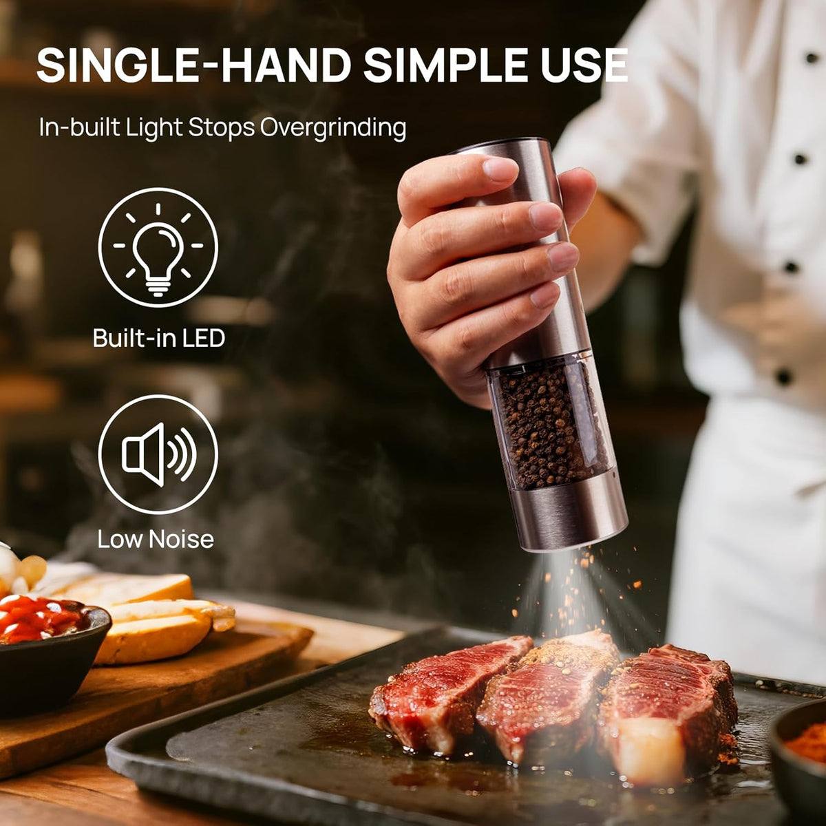 Upgraded Larger Capacity Electric Salt and Pepper Grinder Set Rechargeable with LED Light, Stainless Steel Refillable Pepper Mill Set with 6 Adjustable Coarseness for Kitchen, Outdoor, BBQ
