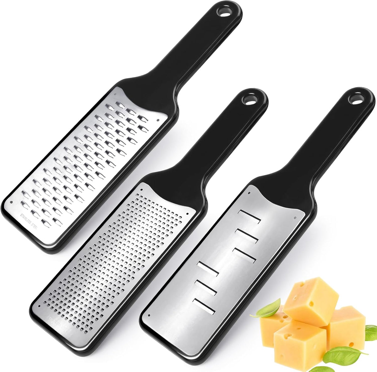 LHS Lemon Zester Grater Set of 3 - Cheese Grater Kitchen Tool for Parmesan Cheese, Ginger, Nutmeg, Chocolate, Vegetables, Stainless Steel Cheese Shredder（Fine & Ribbon & Coarse Blades）