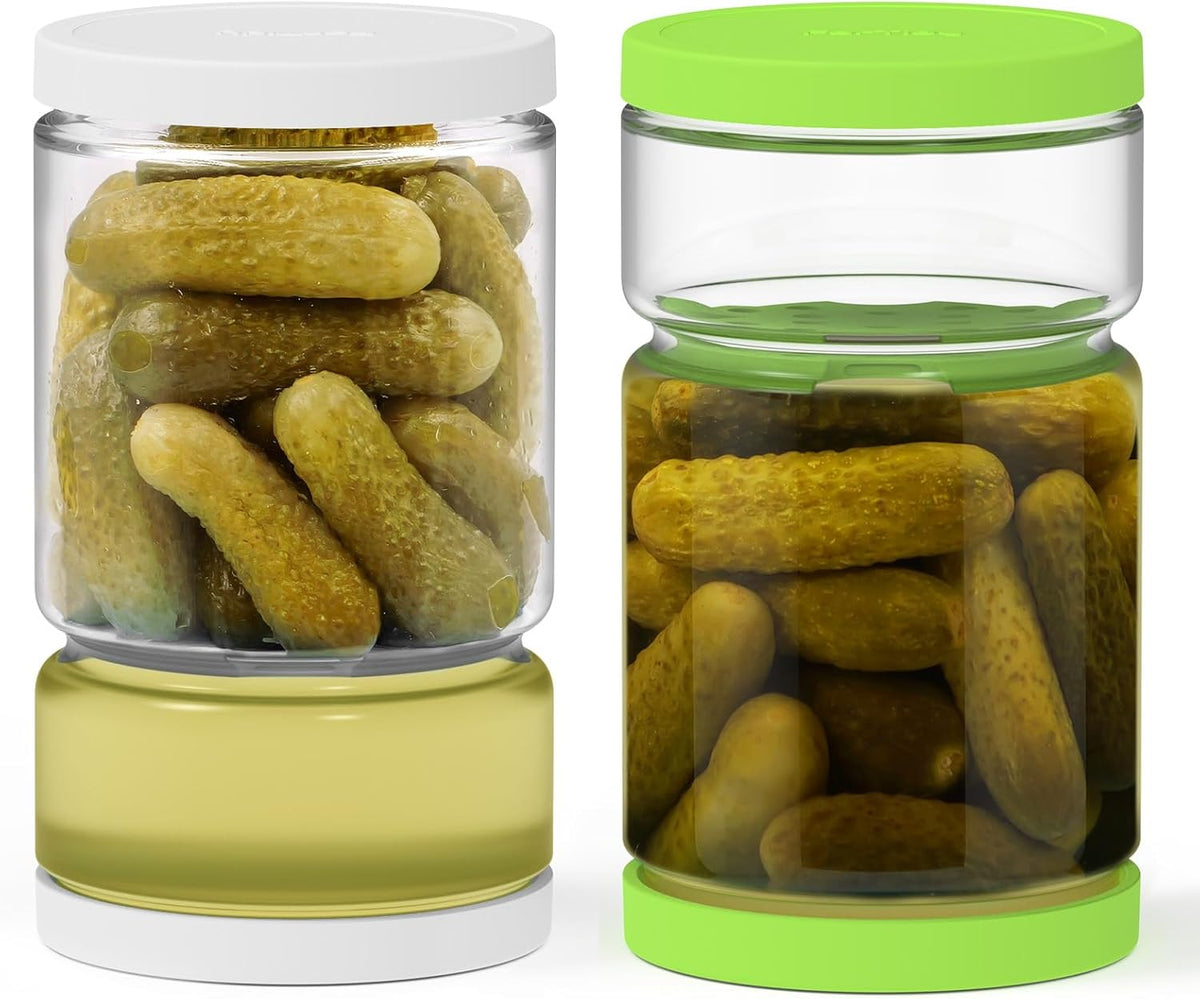 Glass Pickle Jar with Strainer for Pickle Lover - 45 Oz Leakproof and Airtight Juice Separator for Olive, Gherkin, Chilli, BPA Free, Dishwasher and Refrigerator Safe (White&Green, 45oz*2pcs)