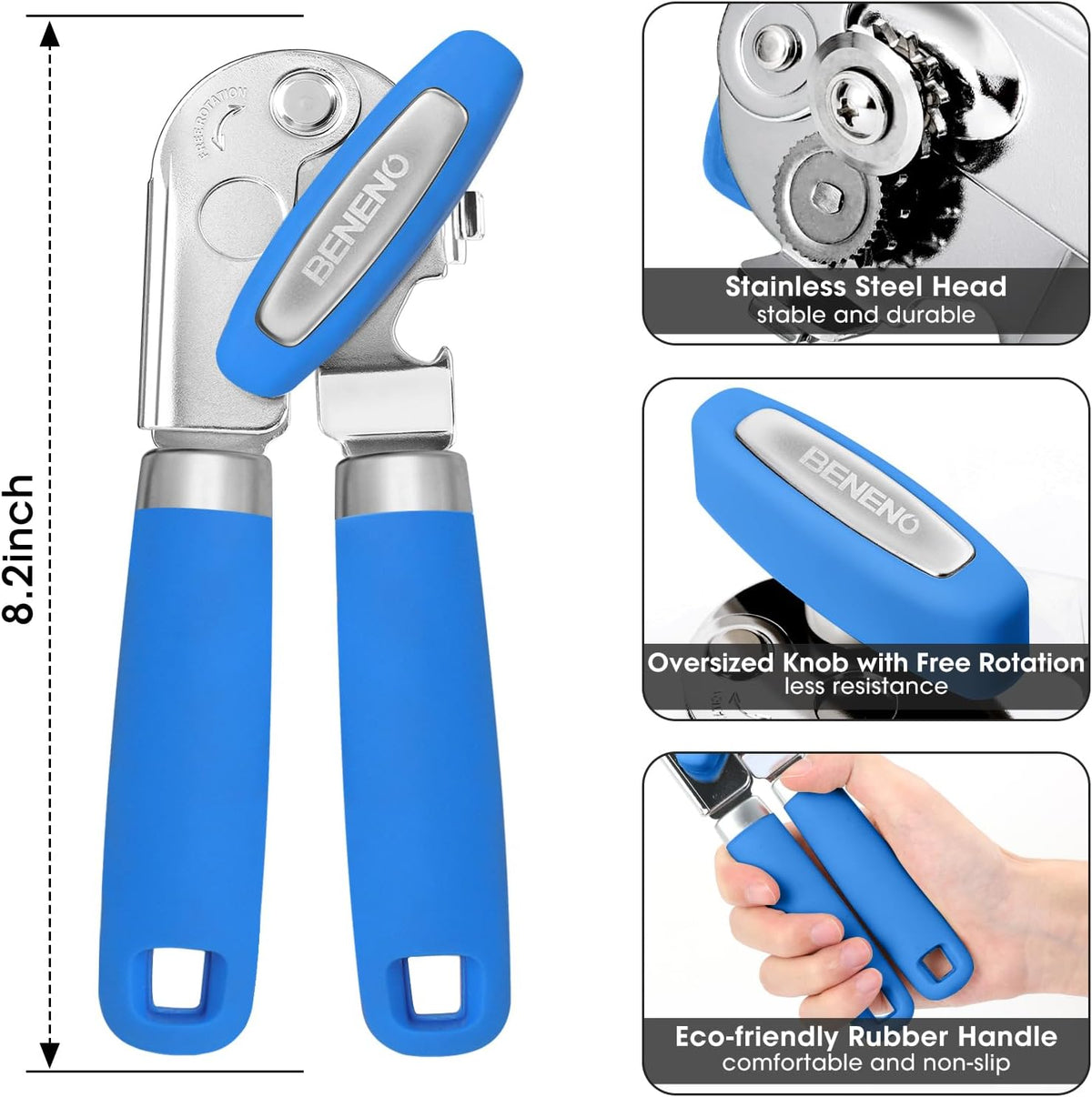 Beneno Can Opener Manual with Magnet, Hand Held Heavy Duty Can Opener with Durable Sharp Blade Smooth Edge, Big Effort-Saving Knob, Soft Grip Rubber Handle, Multifunctional Bottle Opener, Klein Blue