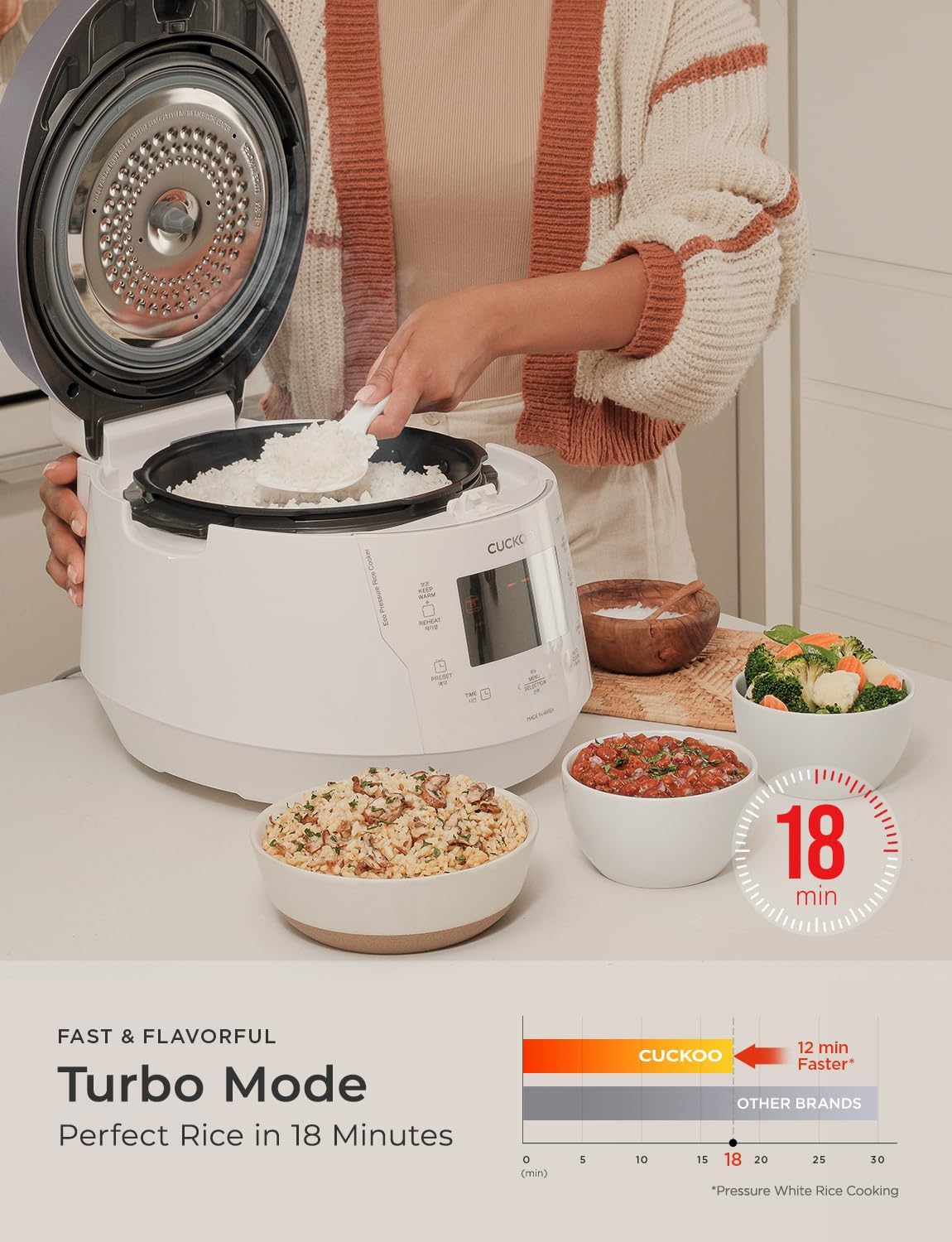 Cuckoo Heating Pressure Cooker & Warmer – 12 built-in programs, Glutinous (white), Mixed, Brown, GABA rice, and more, 10 cups