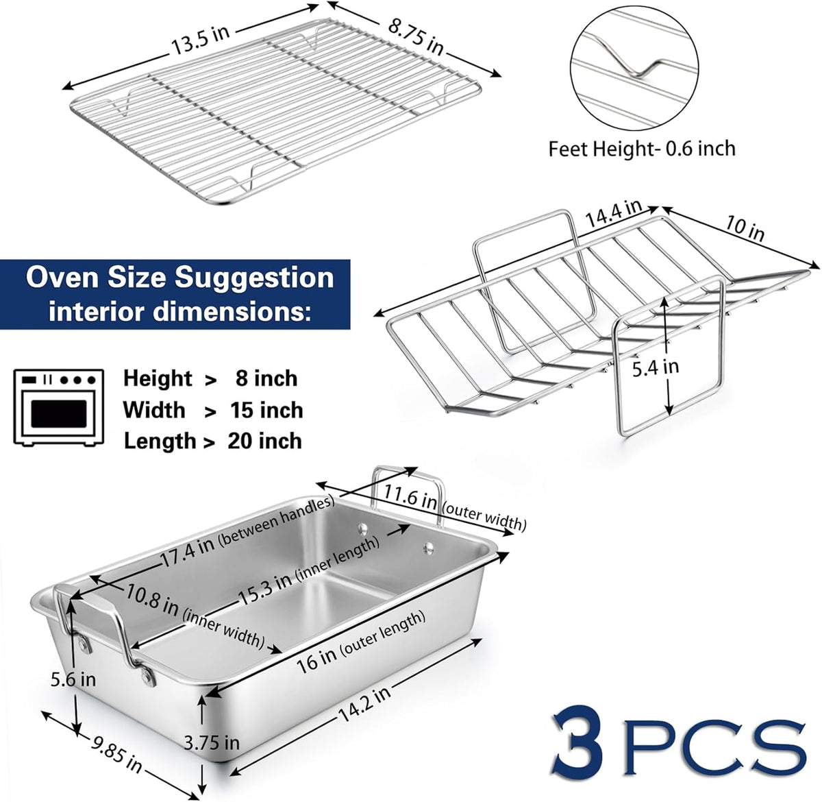 P&P CHEF 16" Roaster Roasting Pan with Baking Rack and V-shaped Rack, Stainless Steel Rectangular Lasagna Pan with Handles for Turkey Chicken, Healthy & Dishwasher Safe, 3 Pieces, Silver