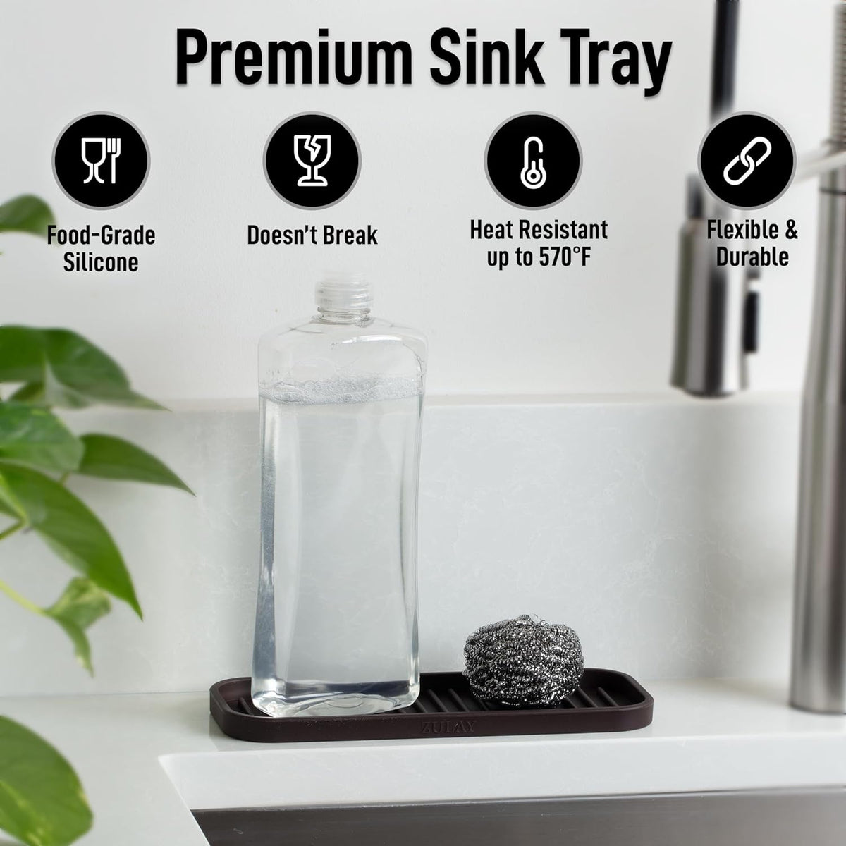 Zulay Kitchen (9x3.5 Silicone Sponge Holder for Kitchen Sink - Flexible Multipurpose Soap Tray Sponge Holder - Sink Organizer Tray for, Bathroom, Makeup, Trinkets & More (Chocolate)