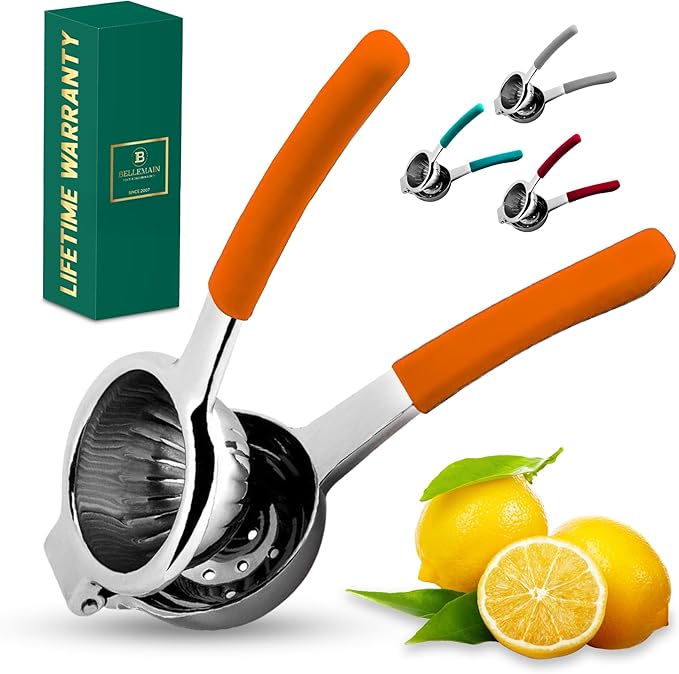Bellemain Citrus Juicer | Metal Lemon Squeezer | Lime and Lemon Juicer Stainless Steel with Silicone Handles | Manual Juicer, Citrus Squeezer, Hand Held Juicer | Bar Juicer for Bartender (Orange)
