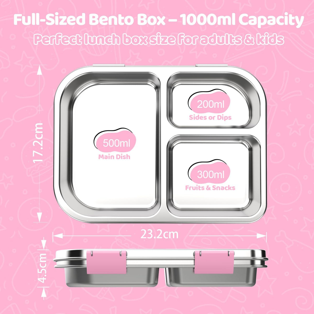 Stainless Steel Lunch Box 1000ml - 3 Compartment Bento Box for Kids & Adults, Leakproof Food Container, BPA-Free Metal Lunch Box with Silicone Seal, Eco-Friendly/Dishwasher Safe (Pink)