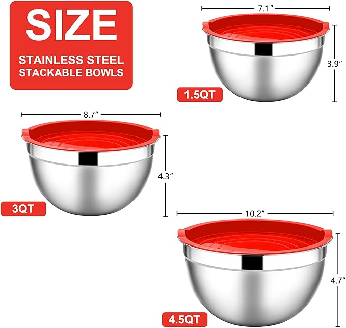 E-far Mixing Bowls with Lids, 6-Piece Stainless Steel Salad Bowls Metal Nesting Bowls for Baking Cooking and Prepping, Airtight Lids & Stackable Design, Size 4.5, 3, 1.5 QT (Red)