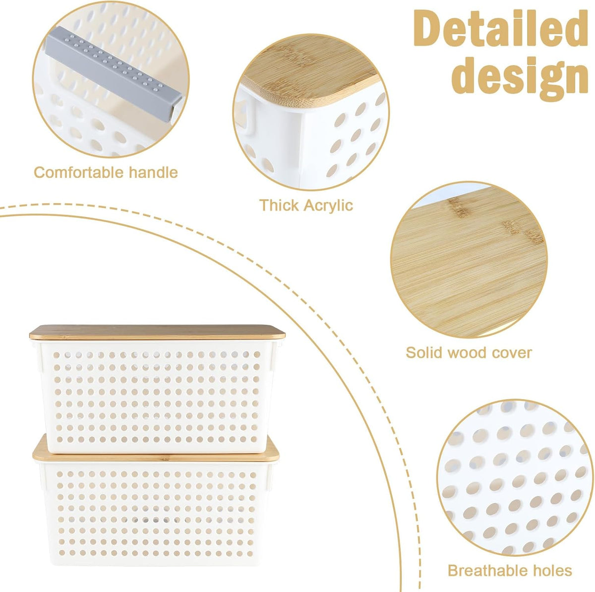 2 Set Pantry Organizer and Storage, Plastic Potato and Onion Storage with Wooden Lid, Stackable Potato Storage Onion Holder, Kitchen Pantry Baskets for Onion Potato Fruit Produce Vegetable