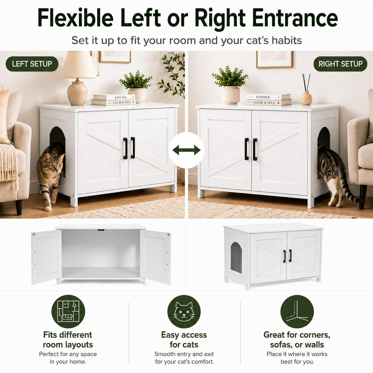Homhedy 31.5" L Cat Litter Box Enclosure with Barn Door, White