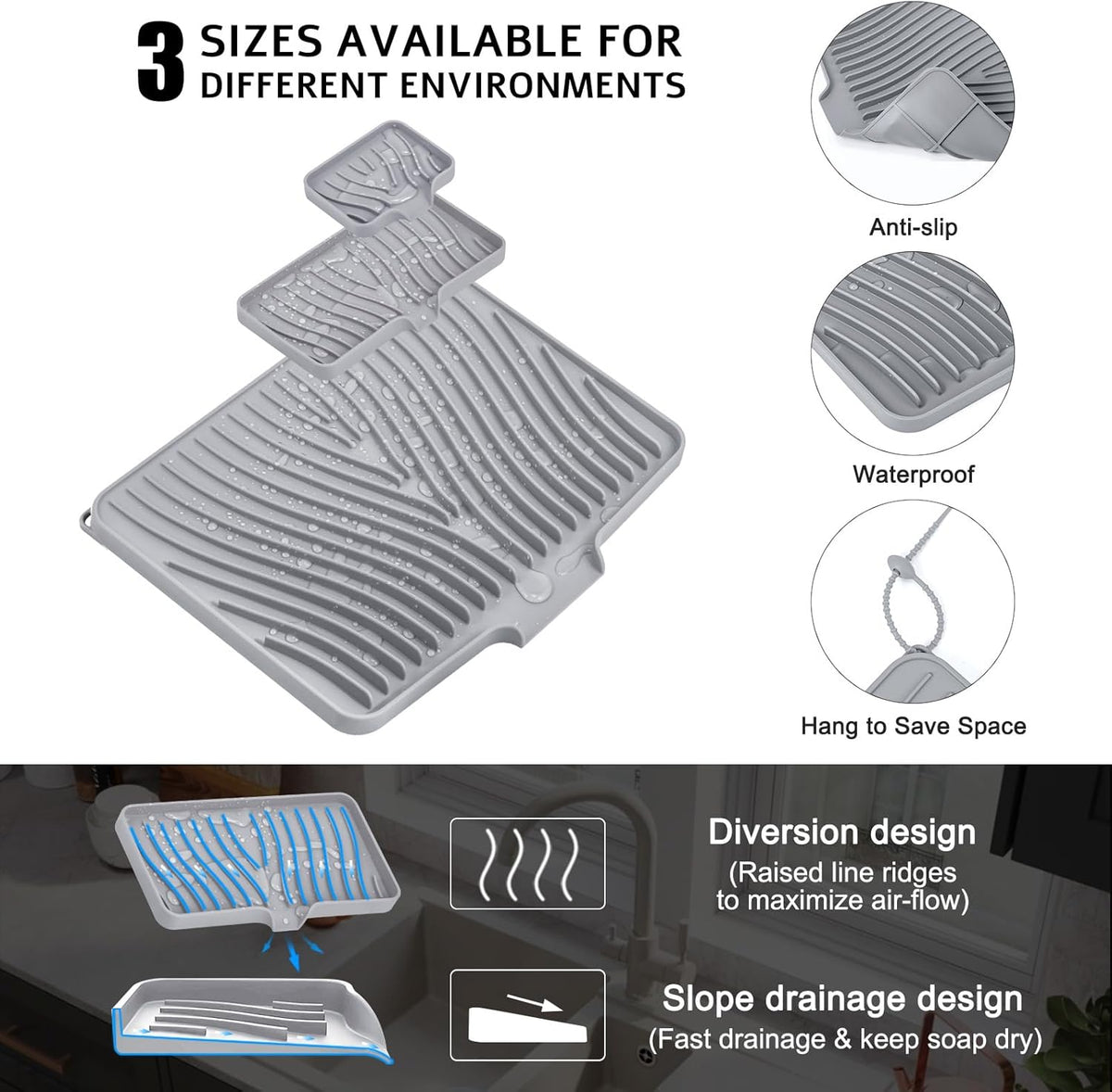 Silicone Dish Drying Mat for Kitchen Counter, Dish Drying Pad, Non-Slip Drain Pad with Built-in Drain, Heat Resistant Stone Drying Mat, 3 pcs (Grey)
