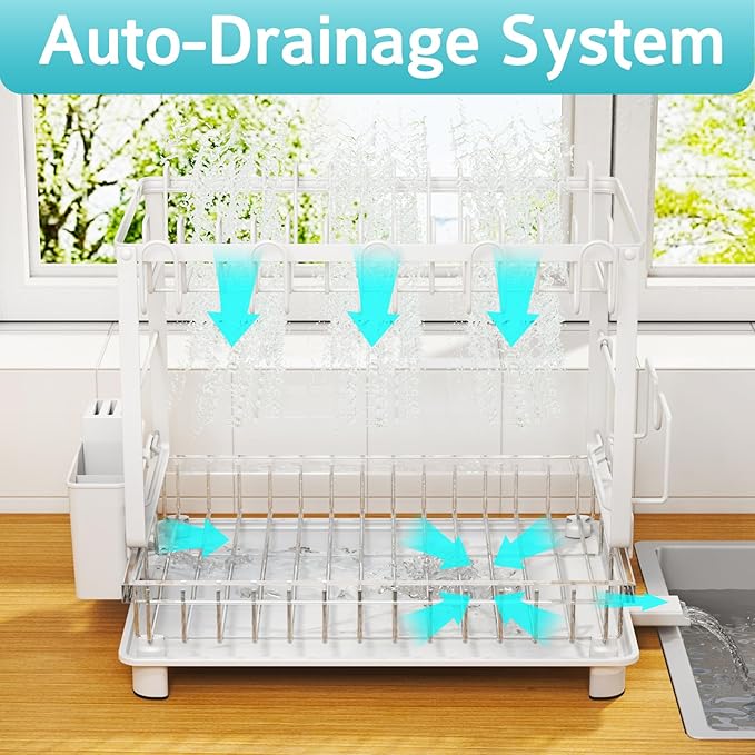 Multifunctional Dish Drying Rack - Rustproof, 2-Tier Dish Racks with Drainboard, Space-Saving Design, Utensil & Cup Holder for Kitchen Counter, White