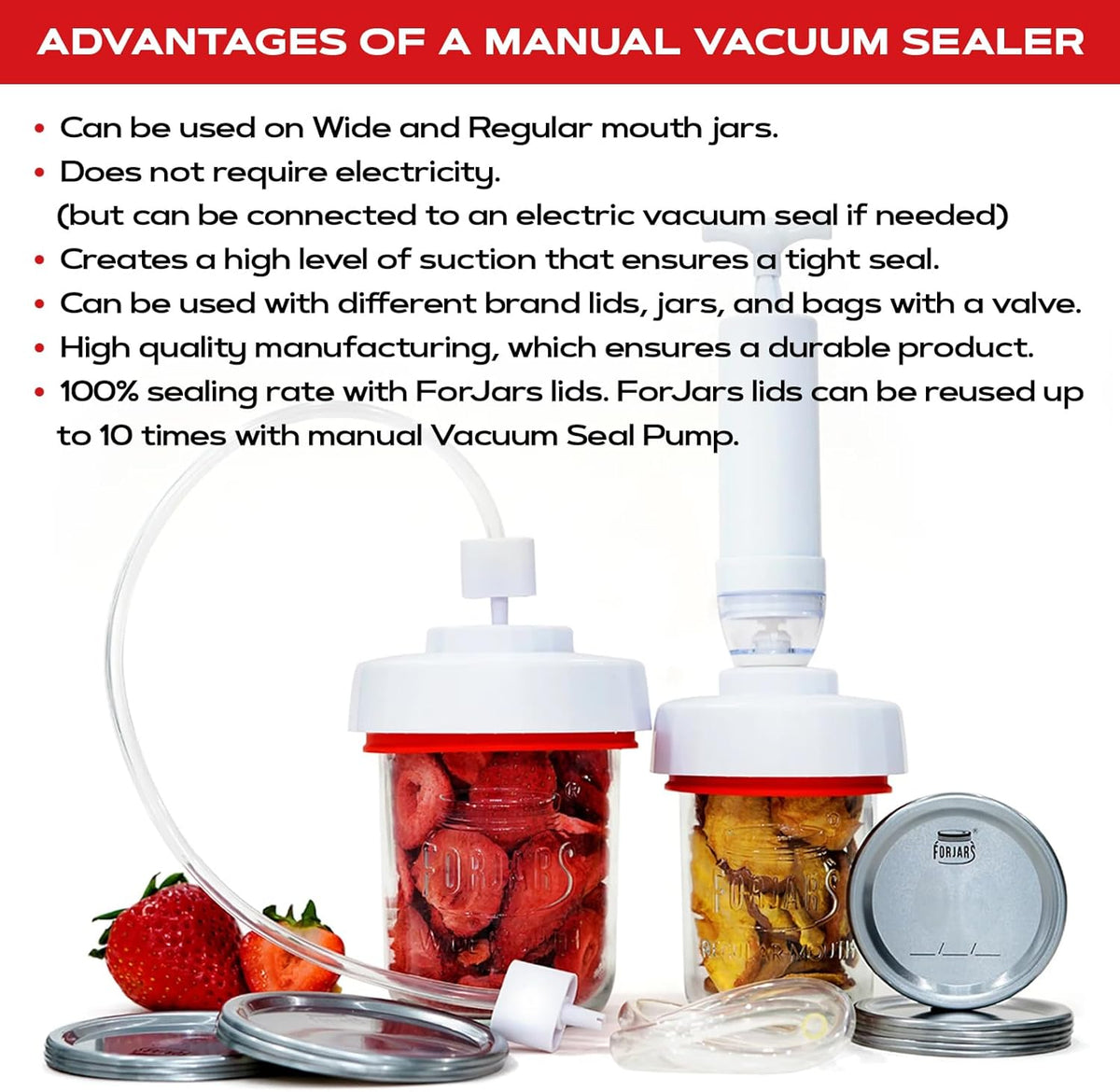 FORJARS Jar Vacuum Sealer Accessory Set for Mason Jars - Compatible with Regular and Wide Mouths, Cordless Pump for Portable Manual Hand Sealing, no electric. Vacuum Sealer with Plastic Lids