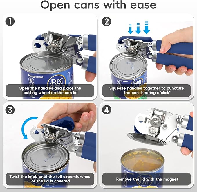 Can Opener Manual, UHIYEE Hand Held Manual Can Openers Heavy Duty with Smoother Cut Sharp Blade, Manual Hand Can Open with Soft Handle, Easy to Turn Knob, Magnetic Lid Lifter, Blue