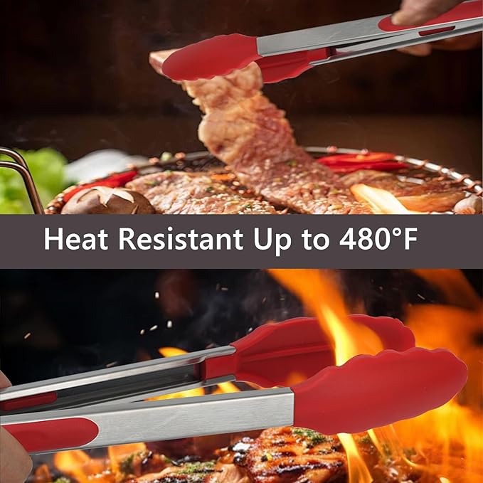 Kitchen Tongs, 2pcs Barbecue Tongs 10 inch & 12 inch with Silicone Tips, 1pc Brush Stainless Steel Cooking Tongs with Heat Resistant Handle for BBQ Serving, Grilling, Buffet, Dishwasher Safe (Red)