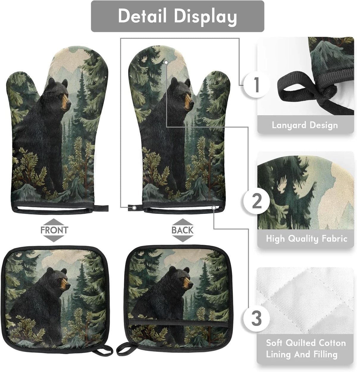 Black Bear Forest Wild Animals Oven Mitts and Pot Holders Sets, 2 Pcs Decorative Kitchen Oven Glove for Cooking