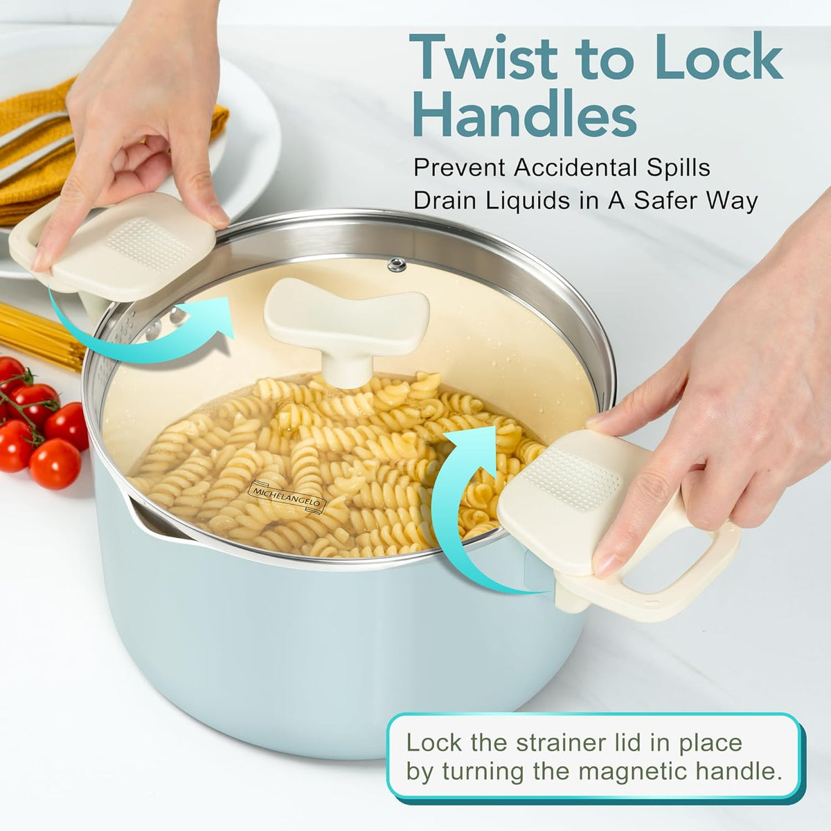 MICHELANGELO Pasta Pot with Strainer Lid - 6 Quart Cooking Pot with Lid, Non Stick Spaghetti Pot Ceramic Coated with Twist and Lock Handles for Easy Draining, Induction Compatible, Soft Aqua
