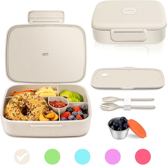 Bento Lunch Box, 5 Compartments Lunch Container for Kids/Adults with Snack cup, Wheat Fiber Eco-Friendly Double Insulated Boxes, Dishwasher and Microwave Safe, BPA-Free (White)