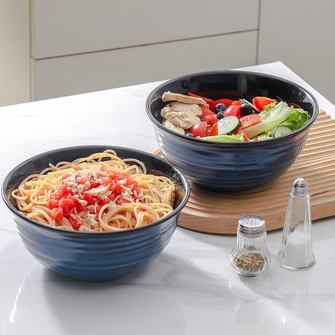 Hasense Serving Bowls, 60 Ounces Ceramic Salad Pasta Soup Bowls, 8.5 inch Large Bowls for Kitchen Ramen Pho Fruit Cereal Popcorn, Microwave and Dishwasher Safe, Set of 2, Blue