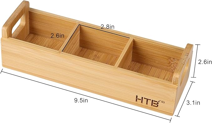 HTB Small Tea Bag Holder Pack of 2, Bamboo Tea Organizer 3 Compartments for Beverage Suppliers, Sweeteners, Individual Packets, Portable Tea Bag Organizer for Home Kitchen Counter or Office