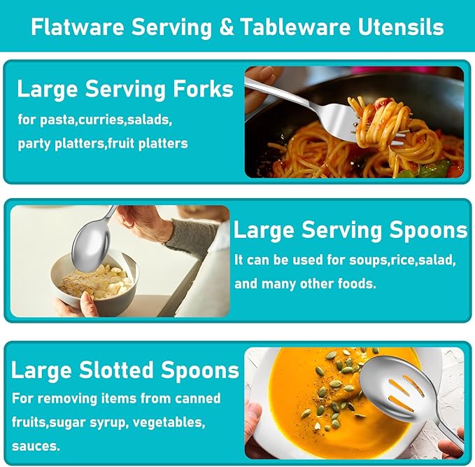 Serving Utensils, 15 Pcs Stainless Steel Large Flatware Serving Tools Kit, Included Spoons, Forks, Tongs, Slotted Spoon, Ladle, Cake Server for Kitchen Catering Banquet Wedding Buffet Party, Silver