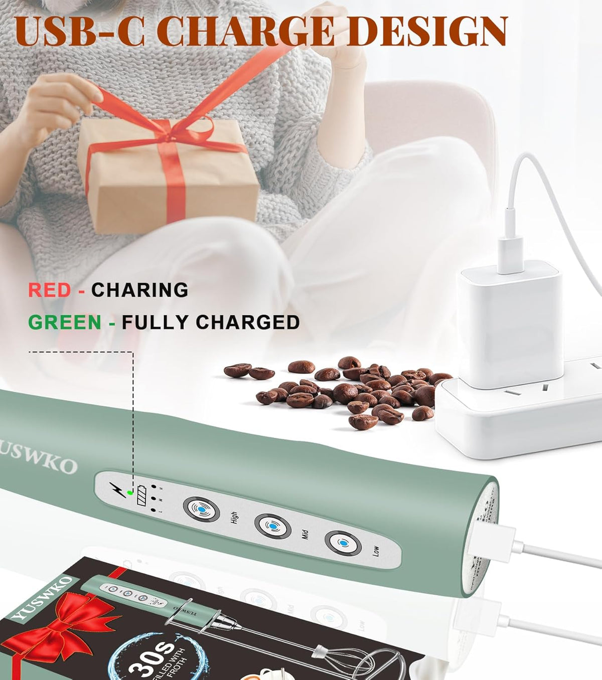 YUSWKO Milk Frother Handheld for Coffee with Stand, Rechargeable Drink Mixer with 3 Heads 3 Speeds Electric Coffee Frother Whisk, Gift for Many Occasions and Festival