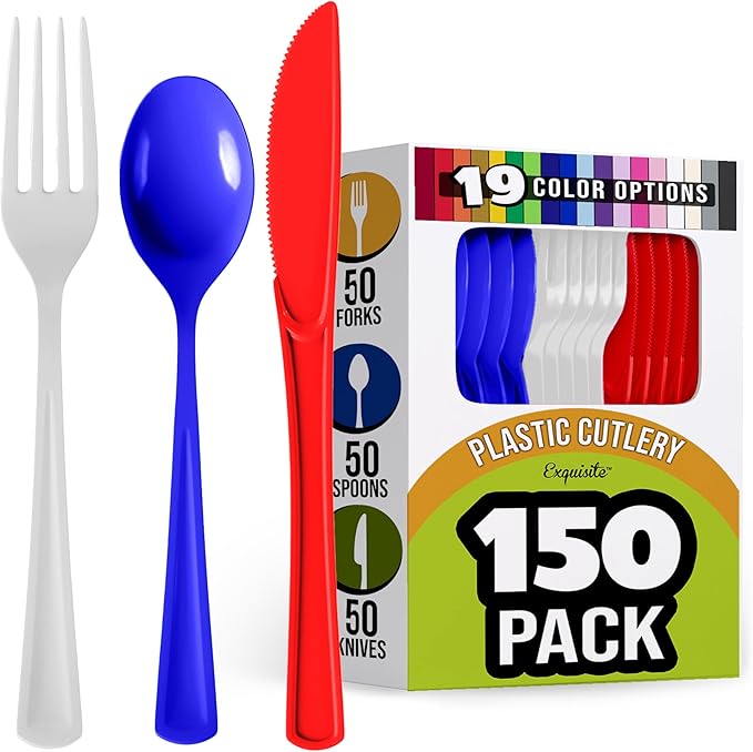 Party Solids Patriotic Plastic Silverware Heavy Duty 150 Pieces Patriotic Plastic Cutlery Sets, Utensil Sets, 50 Of Each Forks, Knives & Spoons Disposable Cutlery Set, Flatware Set For Party Supplies