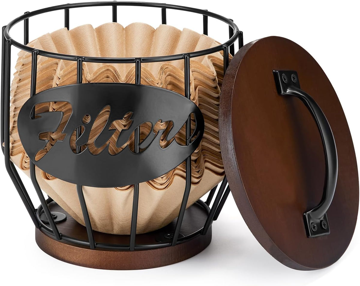 Yangbaga Coffee Filter Holder with Wood Lid,Wood and Metal Coffee Filter Storage Container Basket for Coffee Filters 2-4 Cup,Round Coffee Filter Holder Case for Counter,Coffee Bar Accessories decor