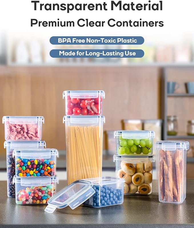Airtight Food Storage Containers with Lids, Clear Pantry Canister Set for Kitchen Organization, Stackable Organizers for Flour, Sugar, Cereal, Rice, BPA Free Plastic 24 Pack with Different Sizes