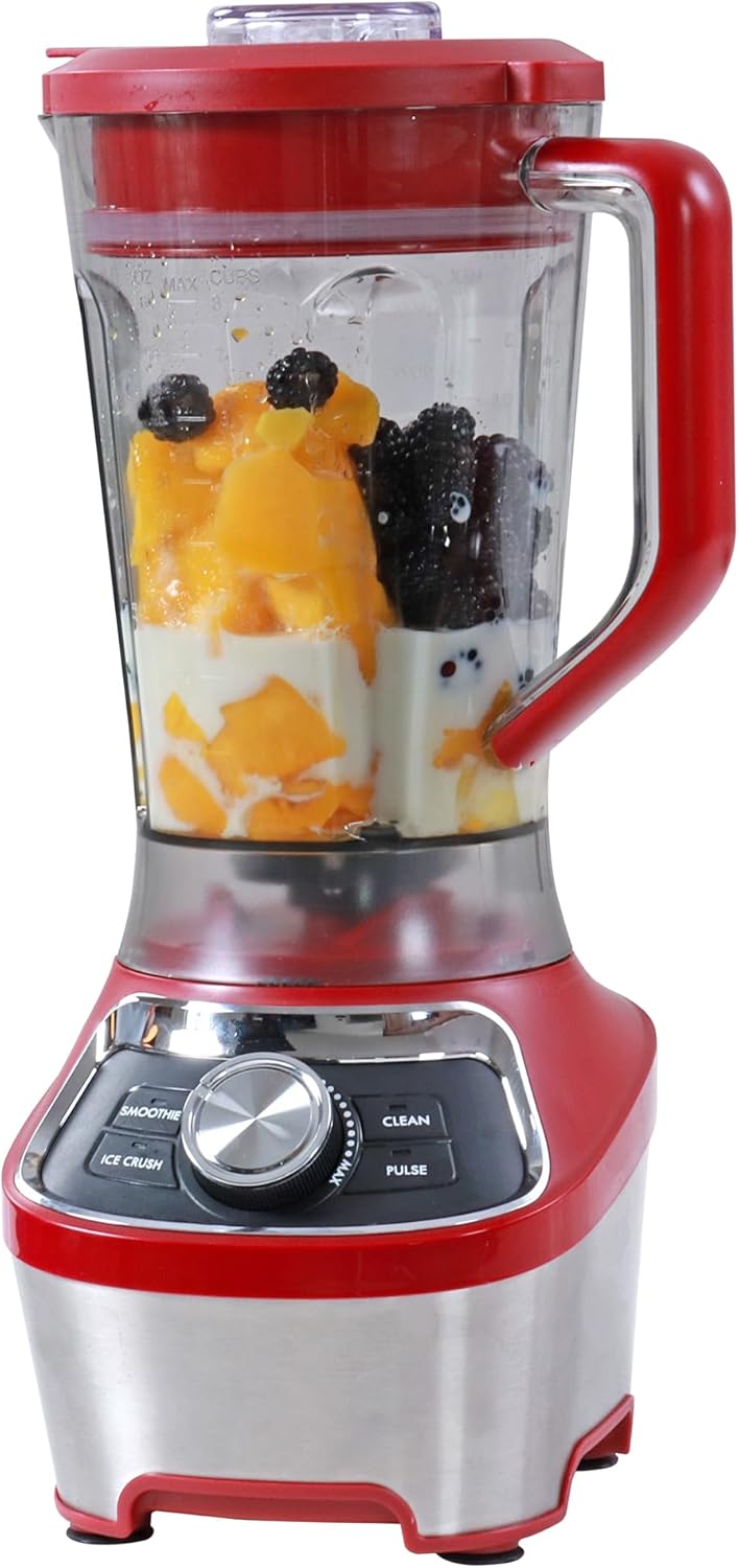 Kenmore Countertop Blender - Electric Mixer, Frozen Smoothie, Shakes, Milkshake, Puree Maker, Licuadora Grinder Kitchen Appliance With Ice Crush & Pulse Function, Dishwasher Safe Pitcher, Red