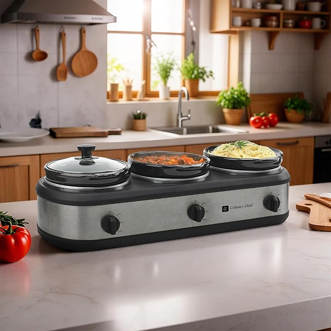 CULINARY CHEF, Triple Slow Cooker, Buffet Server 3 Pot, Food Warmer - Stainless