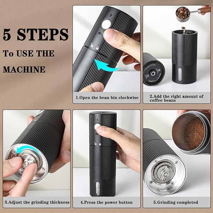 Electric Coffee Grinder Portable Conical Burr Coffee Grinder with 45 Adjustable Settings, Cordless Coffee Burr Grinder for Espresso, Home, Travel, Camping, Office (Black)