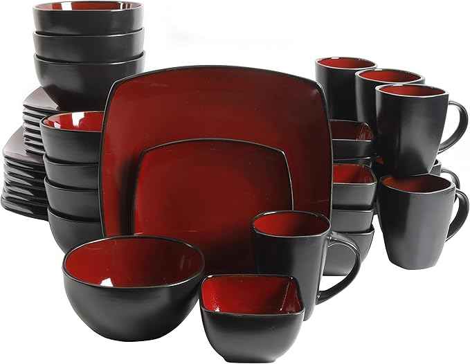 Gibson Elite Soho Lounge Square Reactive Glaze Stoneware Dinnerware Set, Service for 8 (40pc), Red/Black