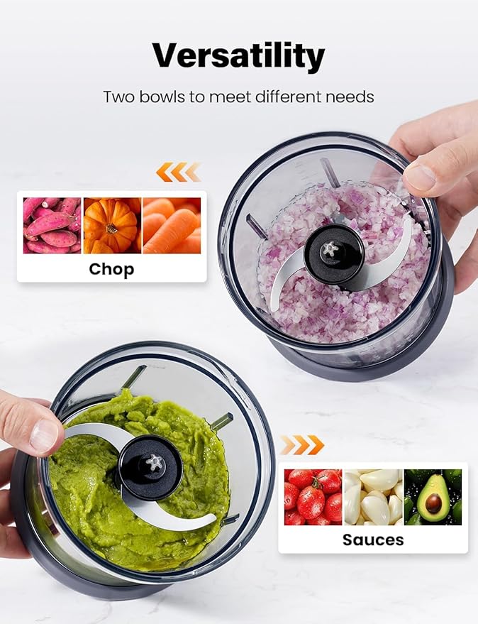 Food Processor 4 Cup, Electric Food Chopper, 【Small but Powerful】Meat Grinder with 2 Bowls, 2 Speed & 4 Blades for Vegetable, Meat, Nuts, Functions for Chopping, Dicing, Mixing and Puree